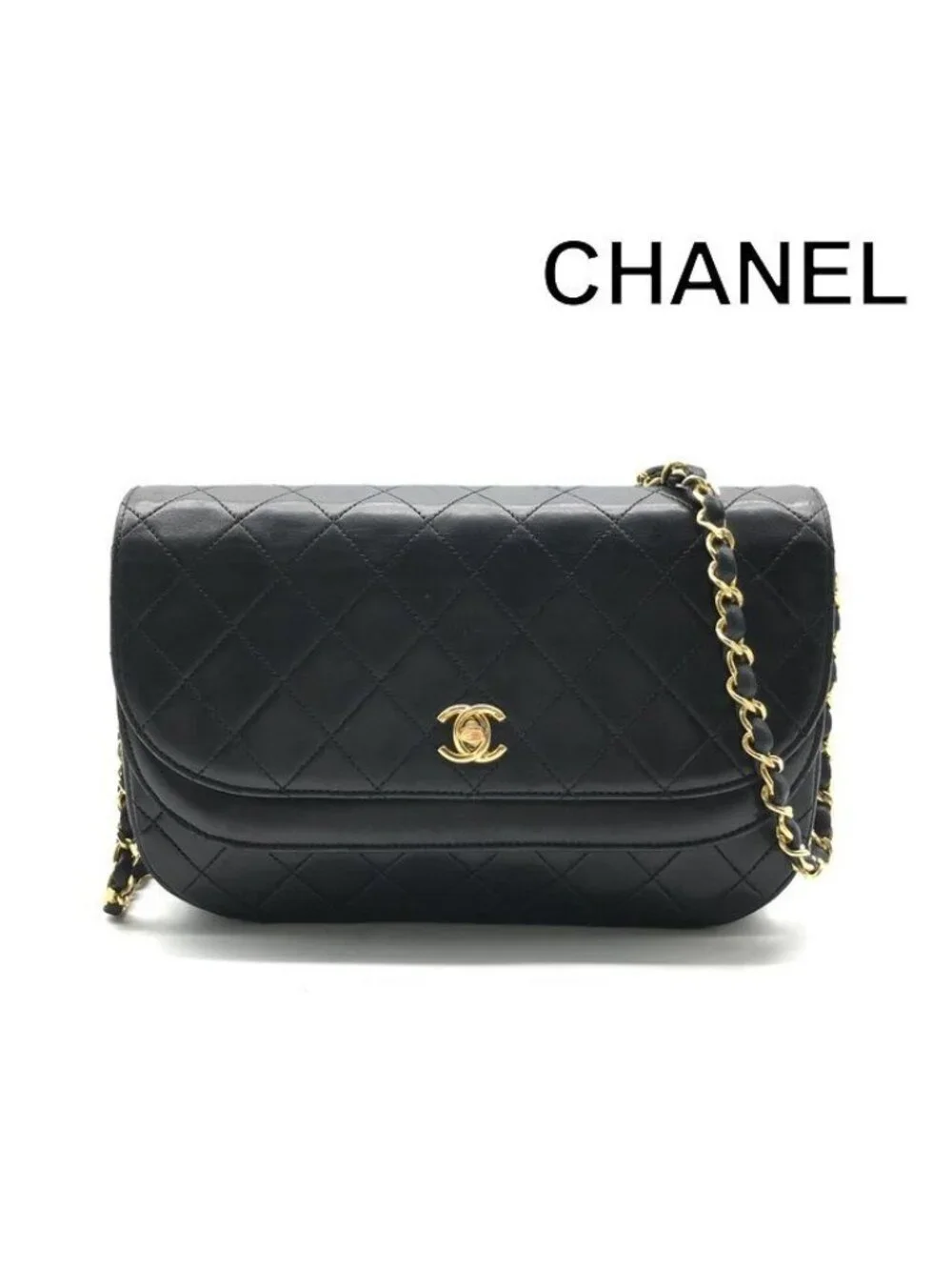 Chanel CC Logo Quilted Turnlock Half Moon Chain Shoulder Bag Black